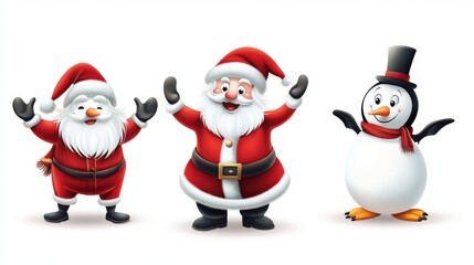 Fototapeta premium Vector Christmas design featuring Santa Claus, snowman, and penguin in joyful