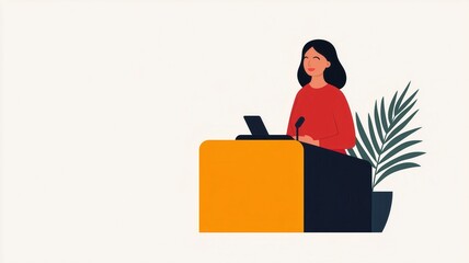 A confident speaker at a modern podium, engaging the audience with a laptop and a stylish plant in the backdrop.