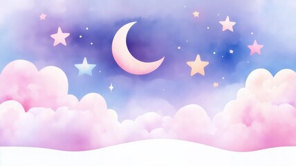 A dreamy night sky illustration featuring a crescent moon, colorful stars, and fluffy clouds in pastel hues.