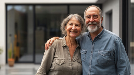 Senior couple happily posing in front of their contemporary home with arms around each other