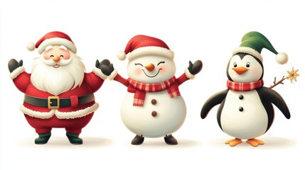 Vector illustration of Christmas characters: Santa Claus, snowman, and penguin, in playful