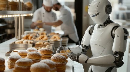 humanoid robot helping a chef bake pastries in a bakery