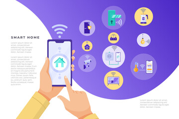 Illustration of a smart home control application on a smartphone screen. Various smart home device icons on a purple background. Concept of home automation. Vector illustration