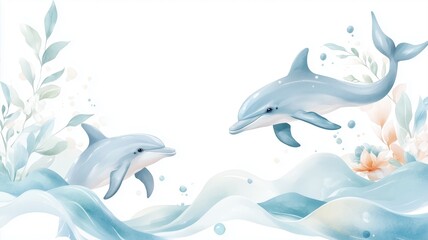 Obraz premium A serene illustration featuring playful dolphins in soft blue tones, swimming through gentle waves with botanical accents.