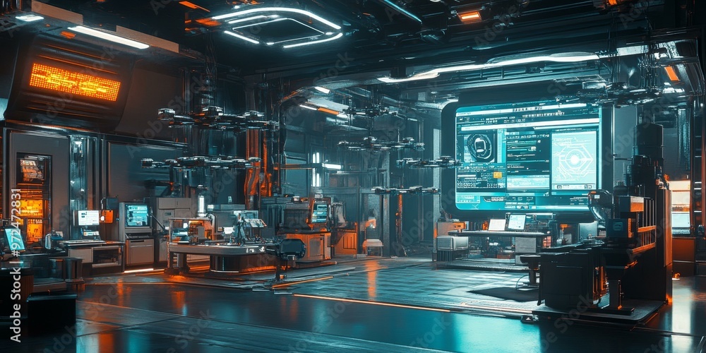 Poster futuristic computer lab with glowing screens.