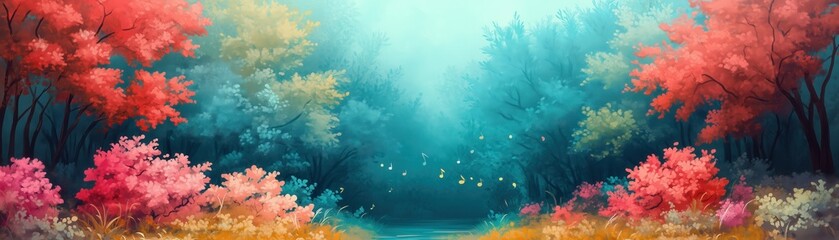 Obraz premium A serene landscape featuring vibrant autumn foliage in beautiful hues, with a tranquil atmosphere inviting exploration and reflection.