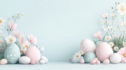 Obraz premium A serene scene featuring pastel Easter eggs surrounded by delicate flowers, perfect for spring celebrations and festive decorations.