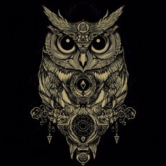 Ornate Golden Owl with Floral Motifs and Geometric Patterns