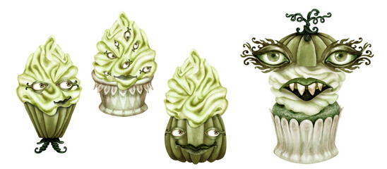 Naklejka premium Three crazy green Halloween cupcakes with eyes, lips on top of whipped cream, decorated with pumpkin hat. Set of monochrome watercolor templates for invitations, menus, posters, cards, cards, stickers