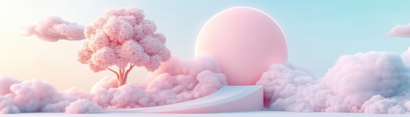 A surreal landscape featuring a pastel sky, soft clouds, and a dreamlike sphere creating a whimsical atmosphere.