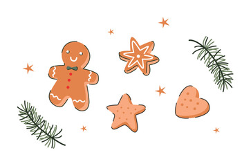 Gingerbread and cookies. Christmas pastry illustration with fir branches.