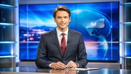 A professional male news anchor in a suit sitting at a broadcast desk with a background screen. Ideal for media, journalism, and news-related content...