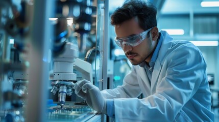 Male Scientist Conducting Research and working on a high-tech machine in a modern laboratory