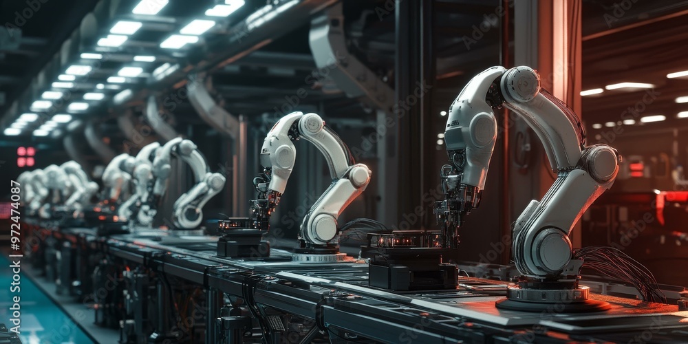 Poster automated factory with robotic arms and conveyor belts.
