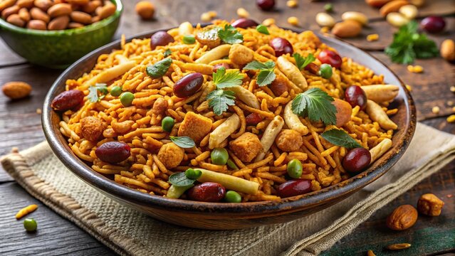 A flavorful medley of savory spices, puffed rice, and textured bits for a satisfying snacking experience.