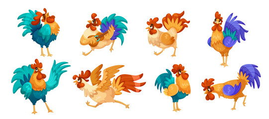 A set of cartoon roosters in different poses, including playing guitar and flying, on a white background. Concept of farm animals, humor, and animation. Vector illustration