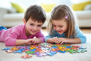 Fototapeta premium Two children are lying on the floor and putting together a colorful jigsaw puzzle.