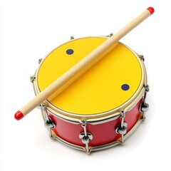 Red and yellow drum with drum sticks isolated on white background. Musical instrument, Drum toy for kids. Top, side view,