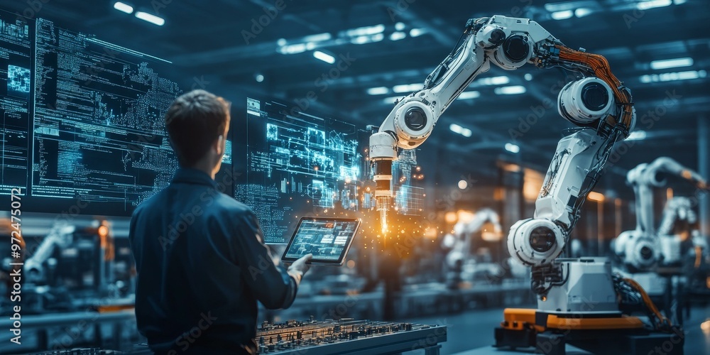 Poster a man controls a robotic arm in a factory.