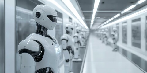 White robot in a sterile white hallway.