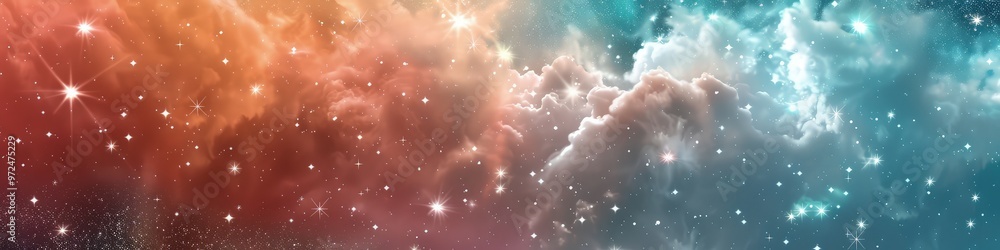 Poster a dynamic abstract galaxy background with overlapping cosmic clouds and twinkling stars in bright co