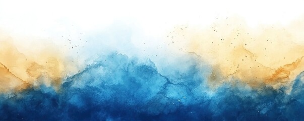 Fototapeta premium Dramatic sunset sky watercolor background - Vibrant gold yellow and deep blue abstract cloudy wash, ideal for inspirational, motivational and spiritual themed designs, quotes, social media and more