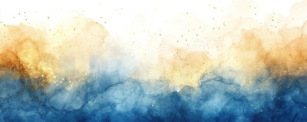 Dramatic sunset sky watercolor background - Vibrant gold yellow and deep blue abstract cloudy wash, ideal for inspirational, motivational and spiritual themed designs, quotes, social media and more