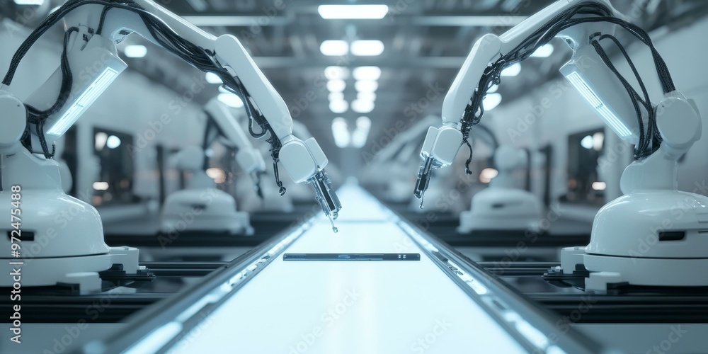 Poster automated robotic arms assembling a product on a conveyor belt.