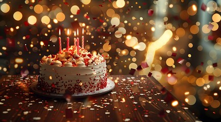 A beautiful birthday cake with candles, surrounded by falling confetti and bokeh lights in the background