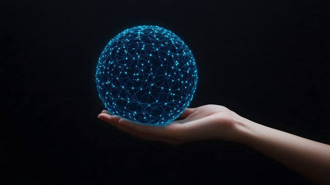 A hand holding a blue sphere with a lot of blue lines surrounding it