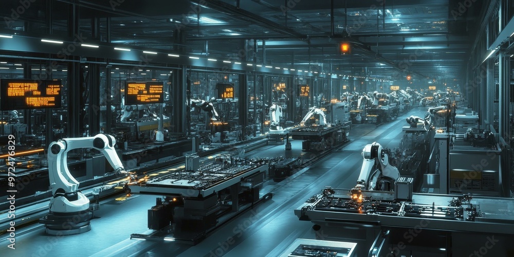 Poster automated factory with robotic arms and conveyor belts.