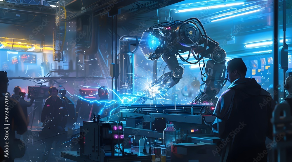 Poster a futuristic robot working on an advanced machine in the background, illuminated by blue lights and 