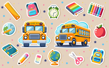 Colorful sticker set featuring school buses, supplies like pencils, rulers, globes, and backpacks, on a beige background. Back to school concept. Vector illustration