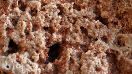 A stone formed by the fusion of minerals. Close-up of a heavily textured stone