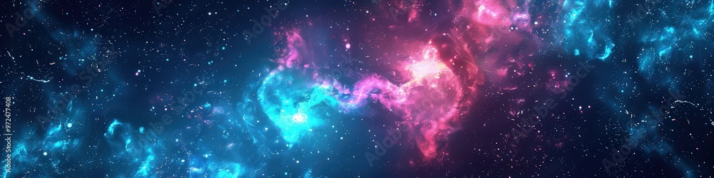 Poster a futuristic abstract space background showcasing overlapping galaxy patterns in shades of royal blu