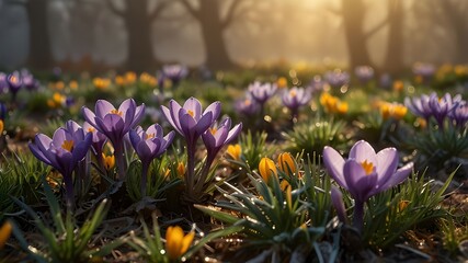 The serene and eerie misty autumn morning is brought to life by the vibrant crocuses in the lush...