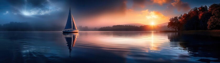 Fototapeta premium Sailing boat on a tranquil lake, serene and peaceful, Coastal, Soft tones, Photograph, Water journey