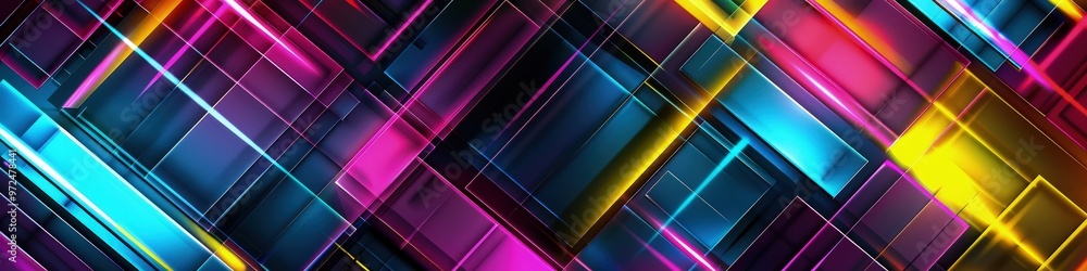 Poster a futuristic layered abstract background showcasing overlapping neon geometric patterns in bright ma