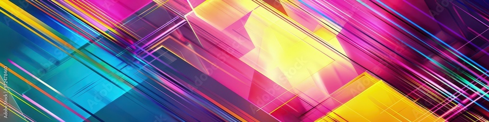 Poster a futuristic layered abstract background showcasing overlapping neon geometric patterns in bright ma
