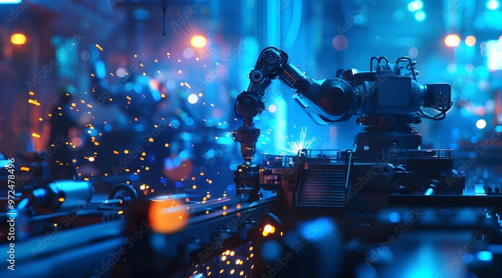 Poster a futuristic robot is working on an industrial table in the background, creating sparks of light and