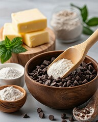 A rustic wooden bowl filled with chocolate chips and flour, surrounded by ingredients.