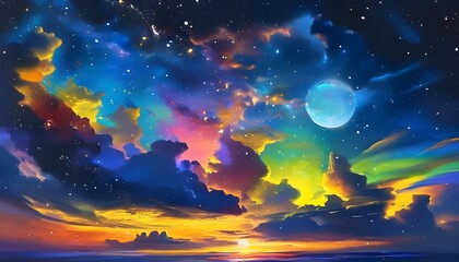 Dreamy cosmic landscape with vibrant night sky, radiant moon, twinkling stars, and enchanting clouds creating a mystical natural masterpiece.