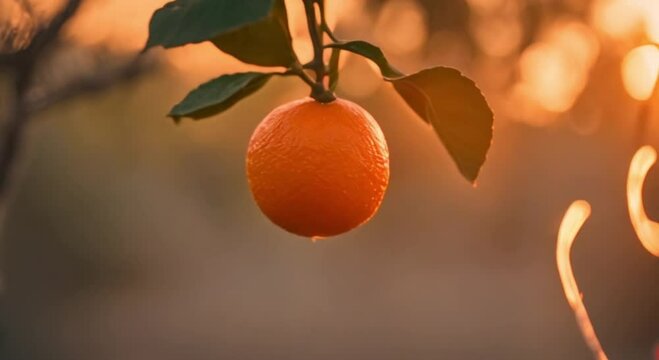 3d view of ripe orange fruit on stalk, sunset
