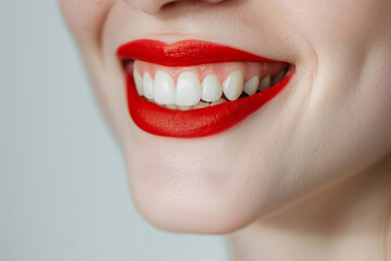 Woman's mouth with white teeth and lips with red lipstick. Close-up. Generated AI