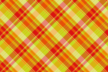 Gift card check tartan fabric, infinity plaid pattern background. Sixties texture vector textile seamless in orange and yellow colors.