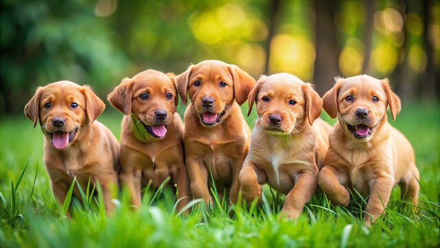 A litter of playful fox red labrador retriever puppies revel in sunny happiness, their little legs moving rapidly