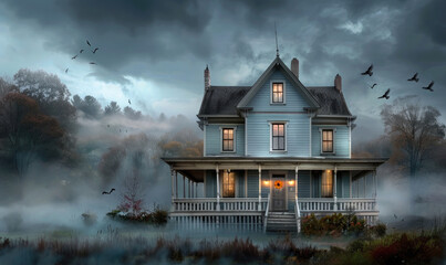 Eerie Haunted House with Victorian Mansion, Crows, and Fog – Digital Painting of a Mysterious Atmosphere