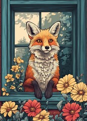 Fototapeta premium Charming Fox Peeking Through Window with Colorful Flowers in a Vibrant Nature Setting