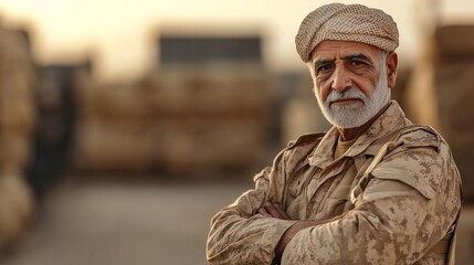 Obraz premium Middle Eastern Man in Military Uniform, Outdoor Portrait at Sunset, Traditional Headwear, Stock Photography for Editorial Use
