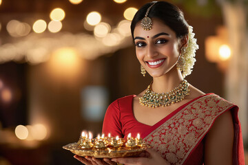 young indian woman celebrating diwali festival at home